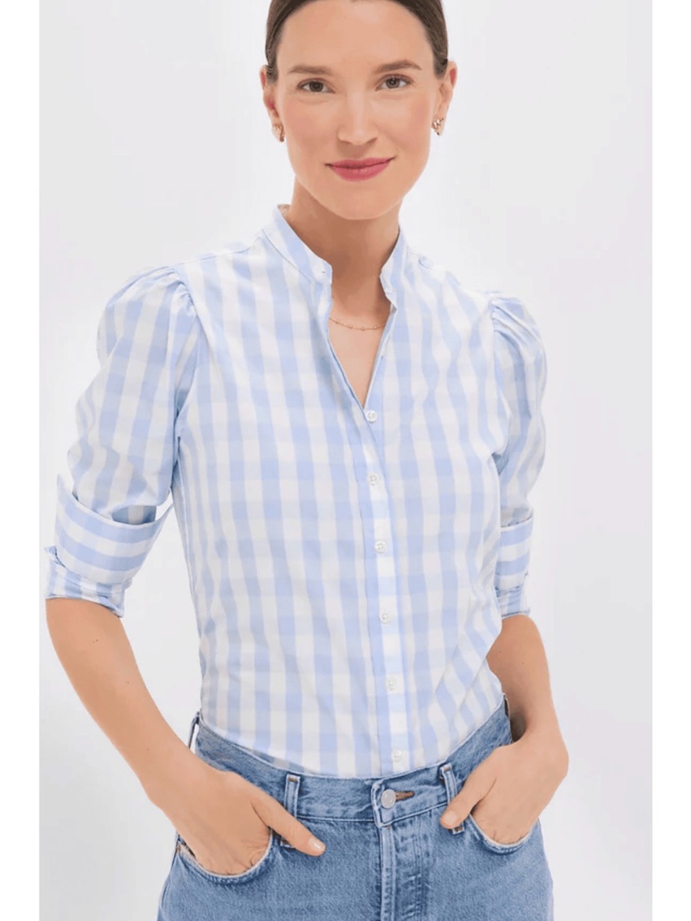 Rochelle Behrens The Shirt THE PUFF SHOULDER Gingham Shirt with Stand Collar XL